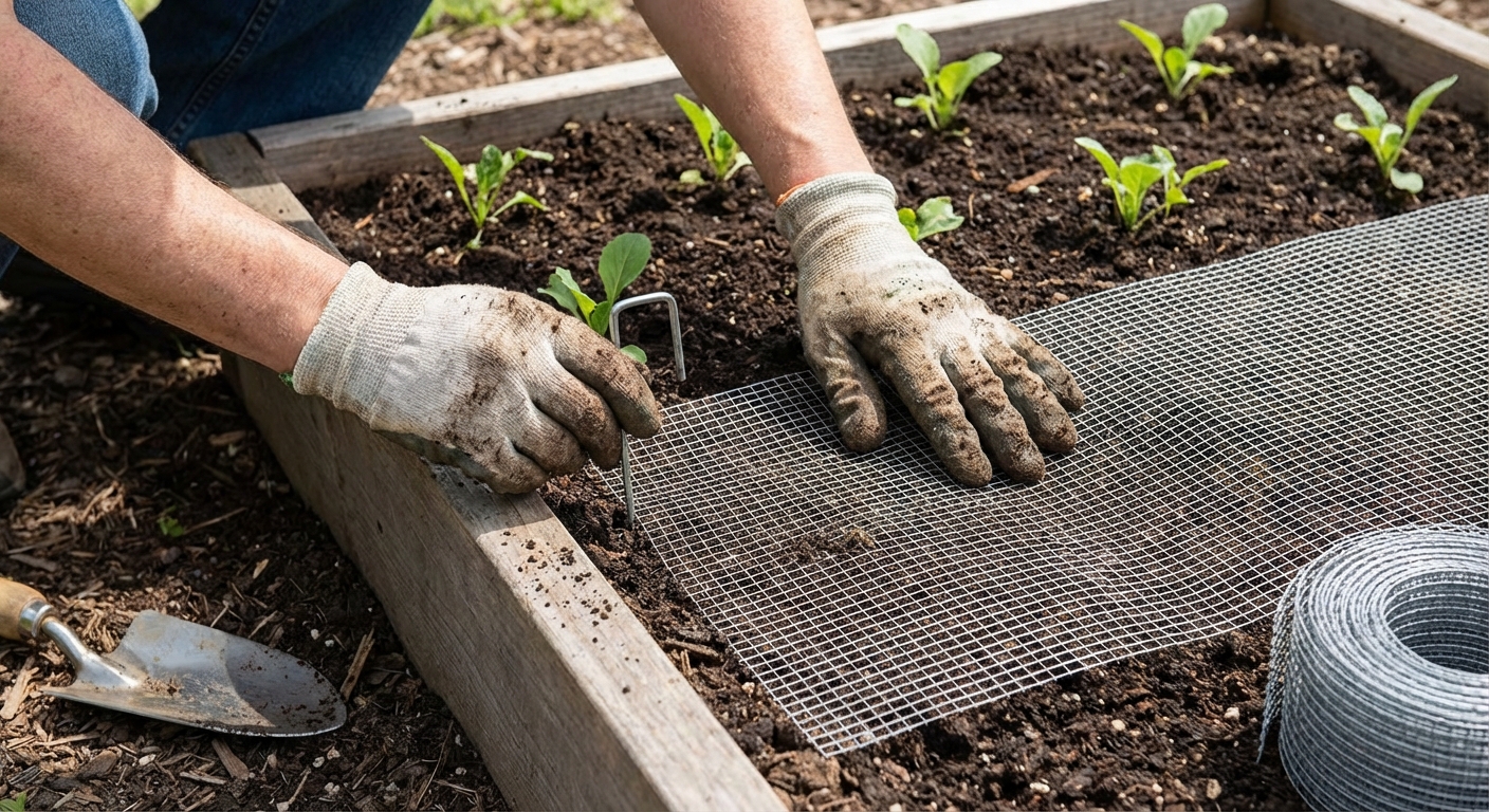 A gardener's hands placing 1/4-inch hardware cloth over a freshly planted garden bed and securing it with landscape staples, soil and seedlings visible, photorealistic