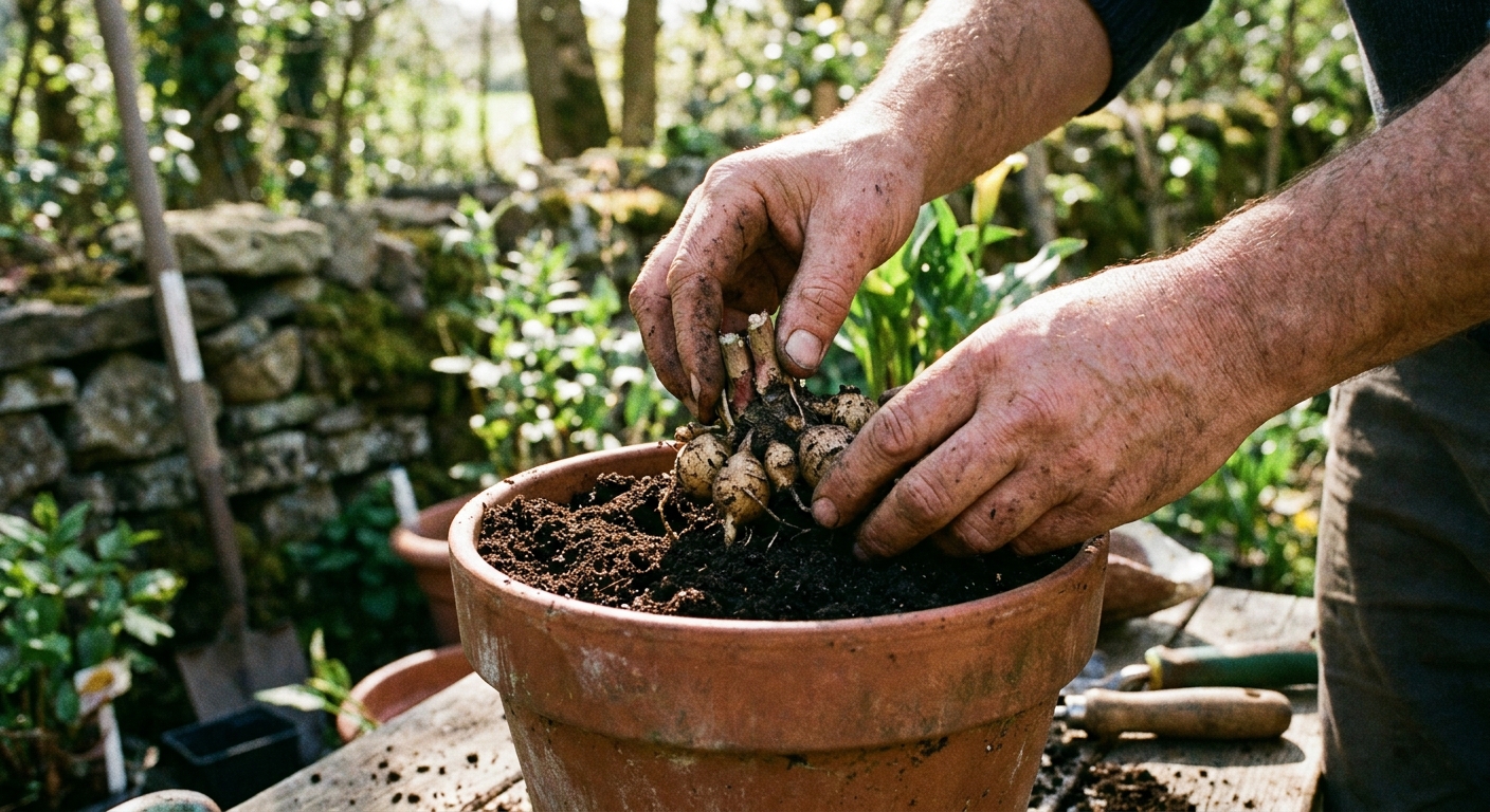 A gardener's hands placing a calla lily tuber into a terracotta pot filled with potting soil, outdoor natural light