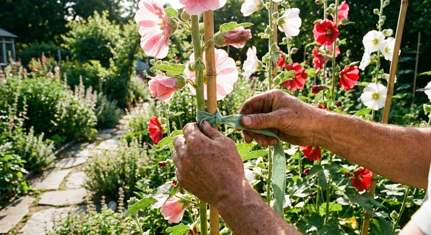 A gardener's hands tying a tall hollyhock stem to a bamboo stake with a soft green plant tie in a sunny garden, real photograph