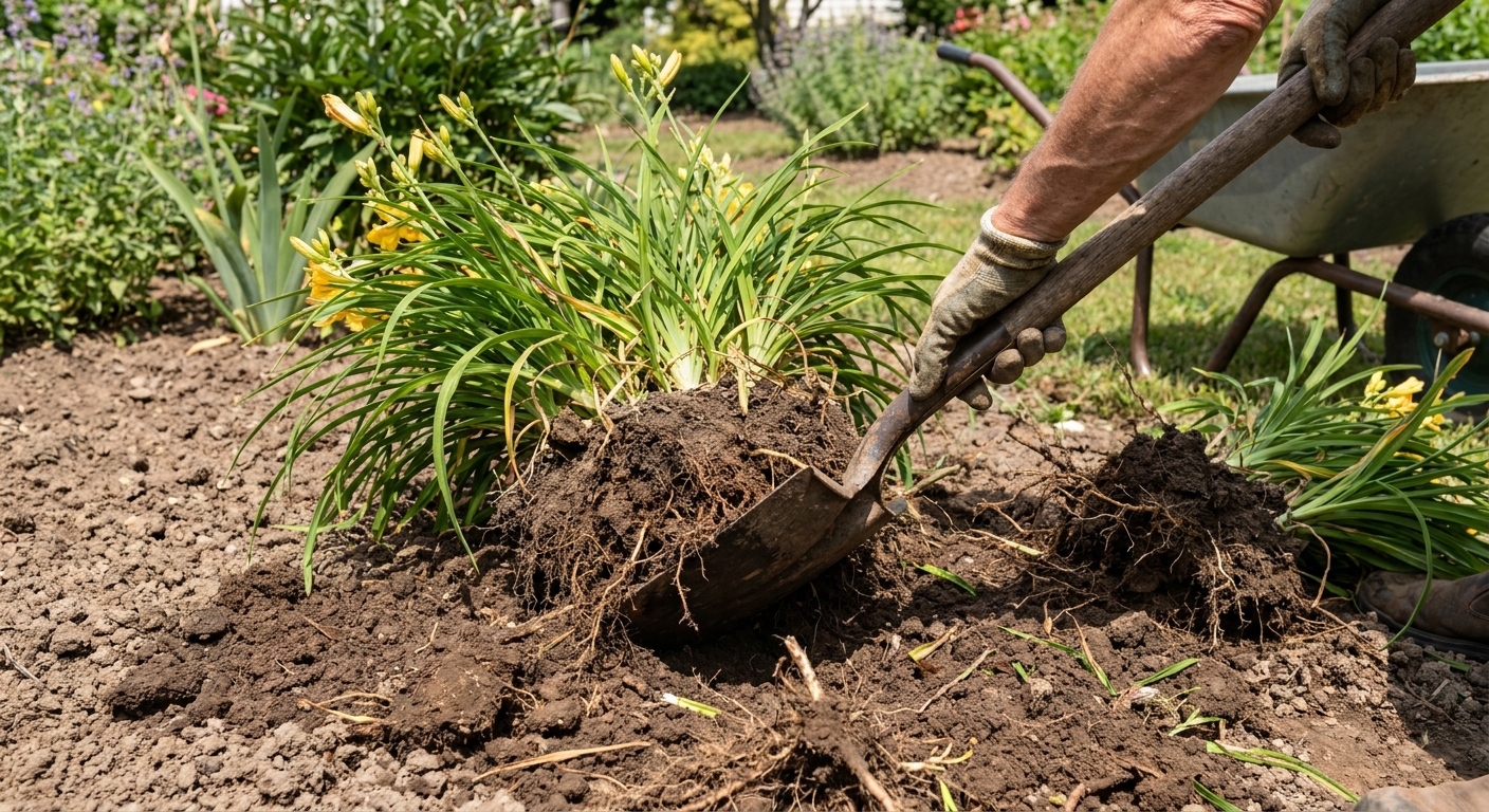 A gardener's hands using a spade to split a dug daylily clump into smaller sections on bare soil