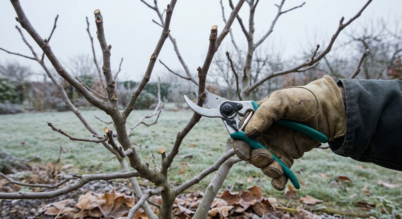 A gardener's hands using clean pruning shears to remove a small fig branch on a dormant fig tree in late winter