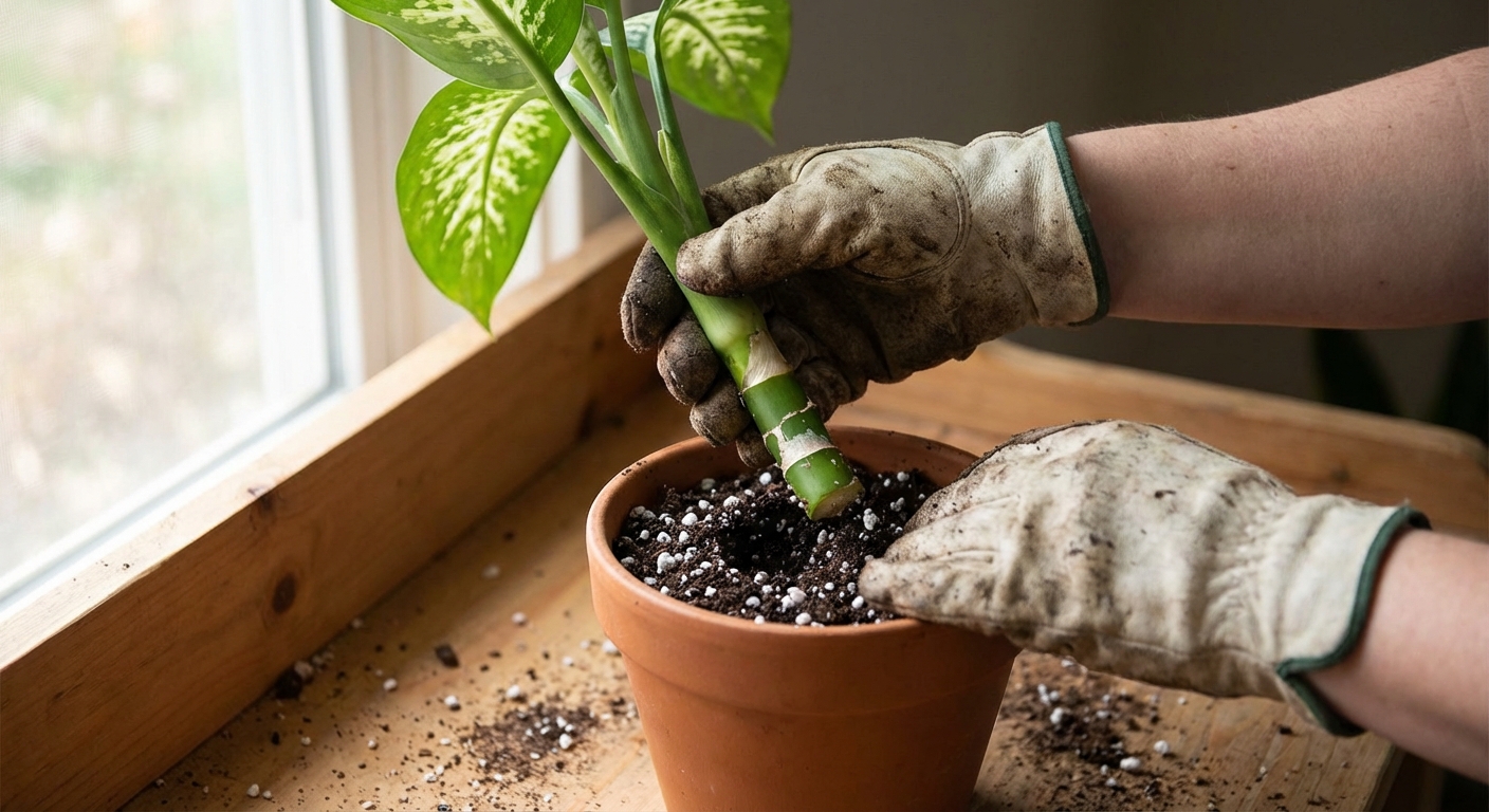 A gardener's hands wearing gloves holding a freshly cut dieffenbachia cane segment above a small pot filled with potting mix and perlite, indoor natural light, photorealistic