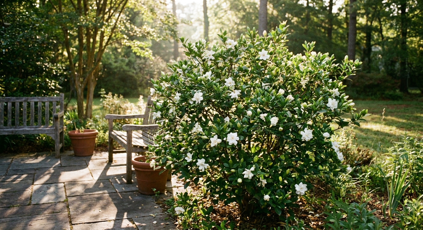 A gardenia shrub planted near a patio where it gets morning sunlight and afternoon shade, with open airflow around the plant, real outdoor garden photo