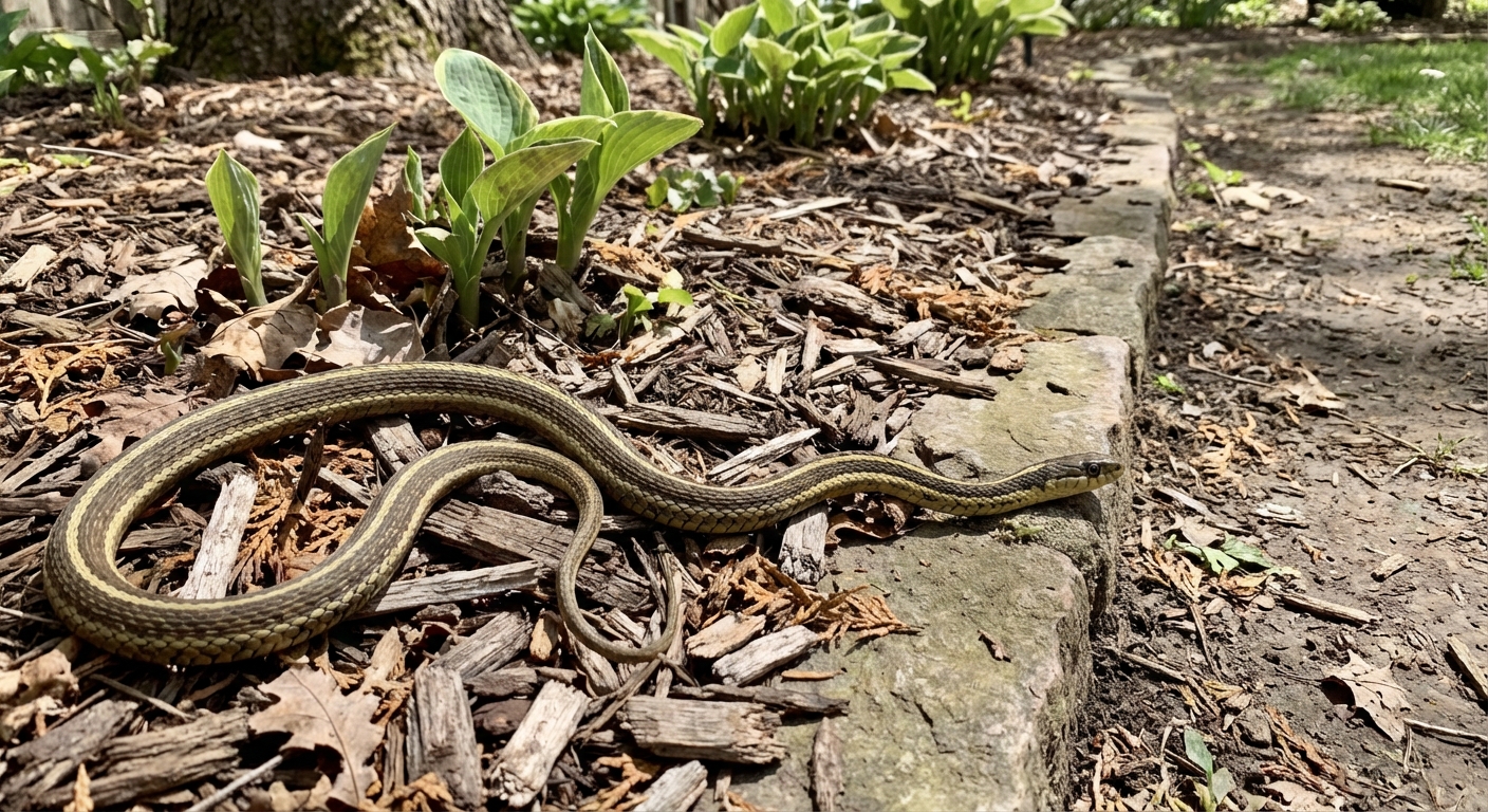 A garter snake with light stripes resting along the edge of a mulched garden bed