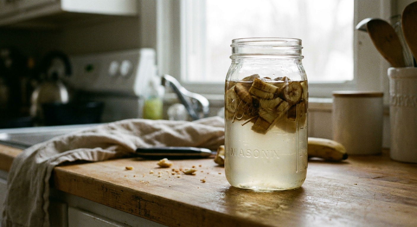 A glass jar on a kitchen counter with chopped banana peel soaking in water, soft natural light, realistic photo