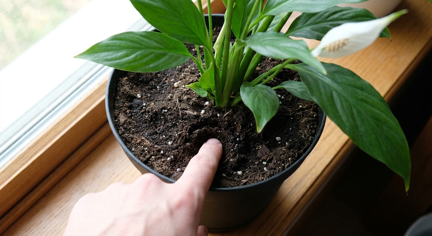 A hand gently pressing a finger into the top layer of soil in a potted peace lily to check moisture