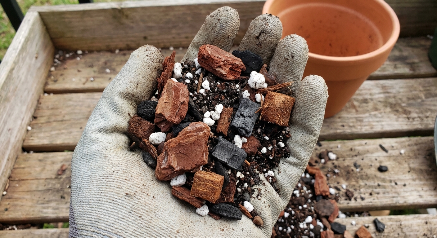 A hand holding a chunky aroid potting mix with orchid bark and perlite visible