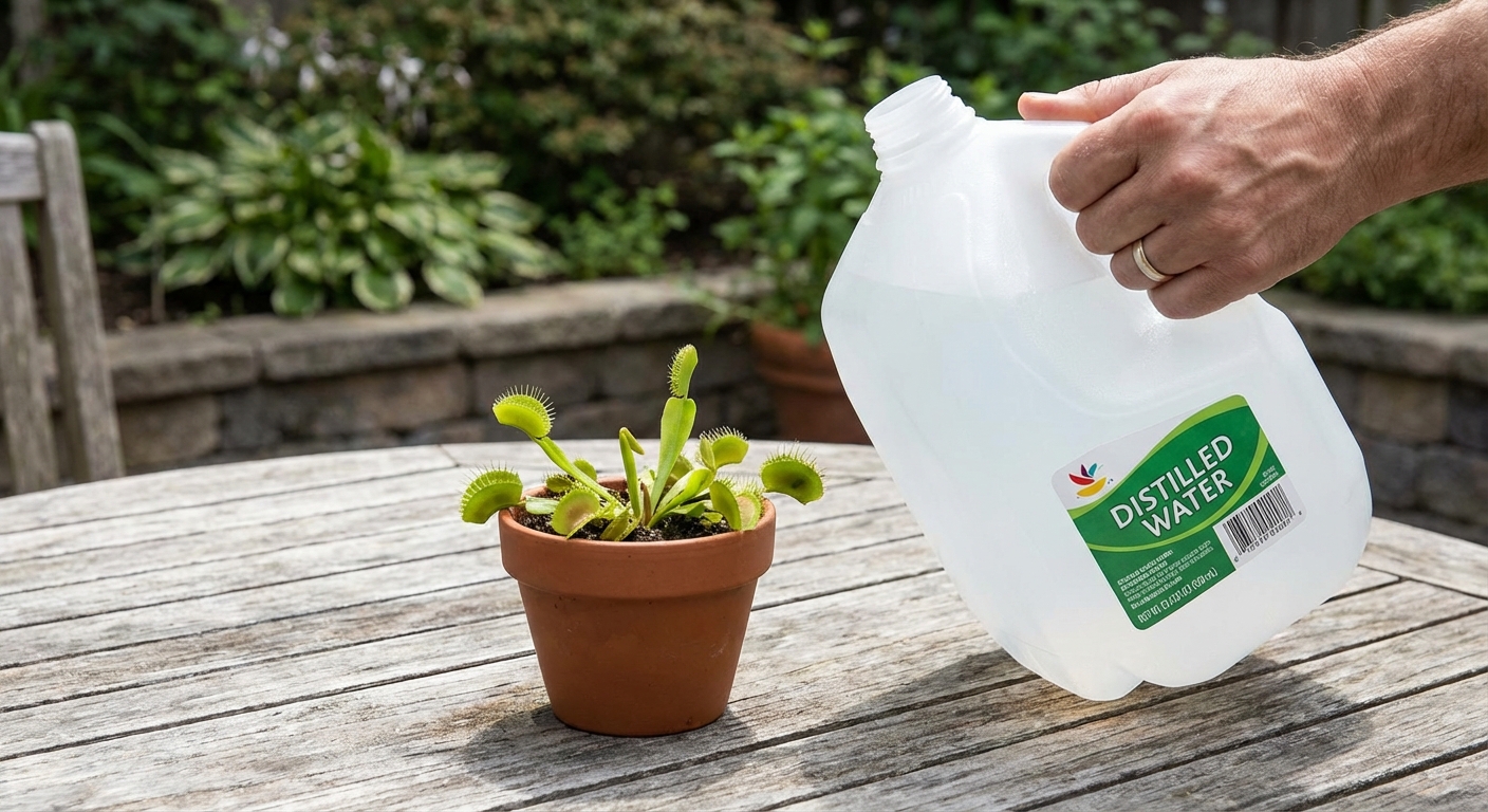 A hand holding a clear gallon jug of distilled water next to a small potted Venus flytrap on an outdoor table in soft daylight, photorealistic
