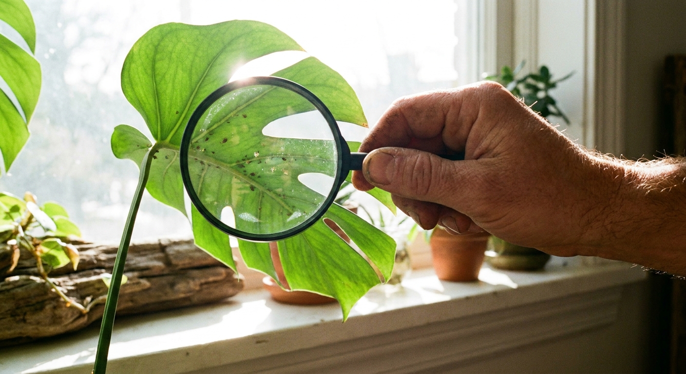 A hand holding a magnifying glass close to the underside of a green houseplant leaf while inspecting for pests in bright window light