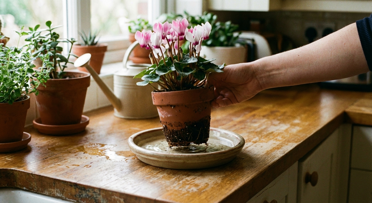A hand placing a small pot of cyclamen into a shallow saucer of water on a kitchen counter, showing bottom watering in a real photo