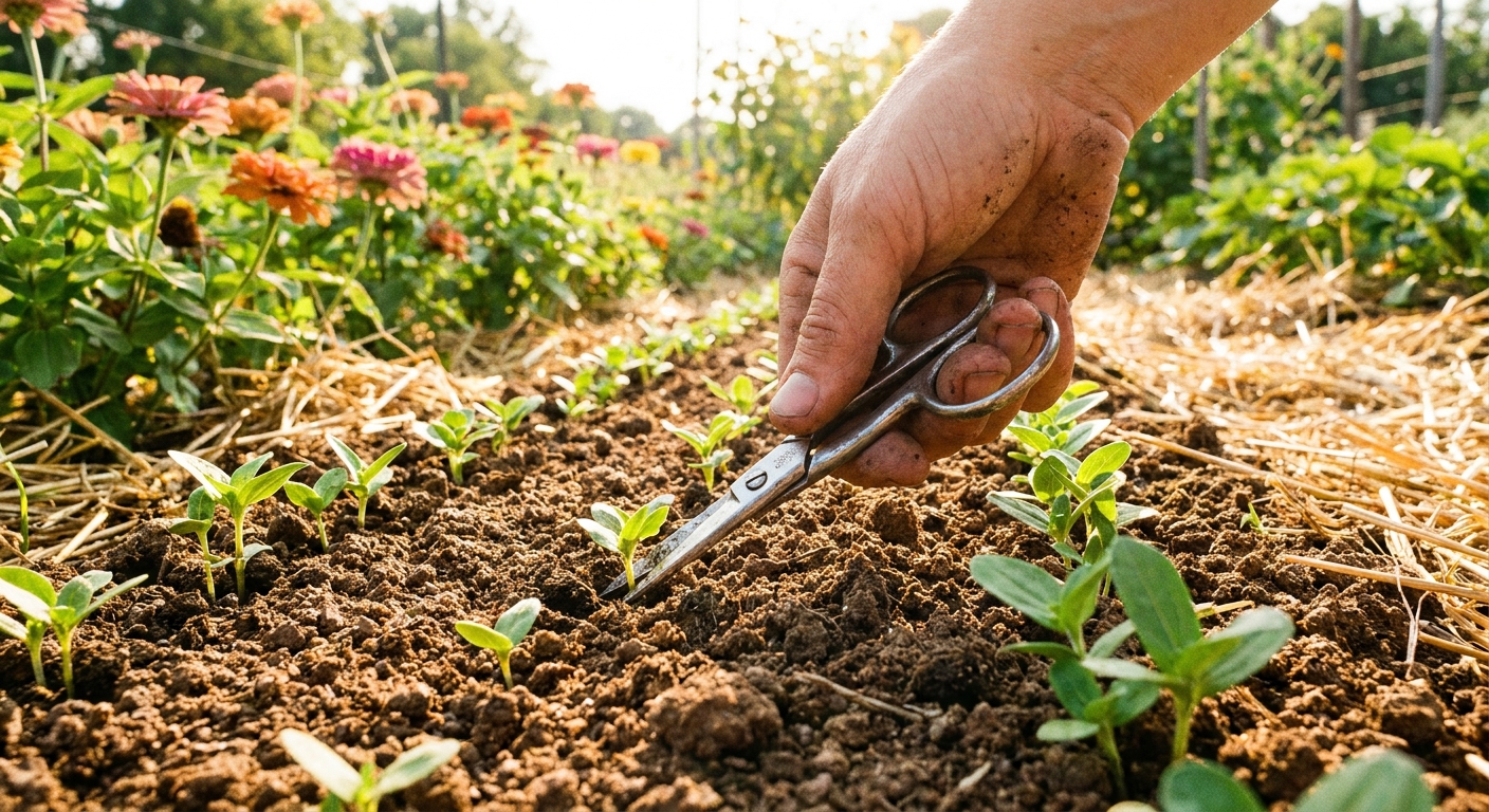 A hand using small scissors to snip extra zinnia seedlings at soil level in a sunny garden row