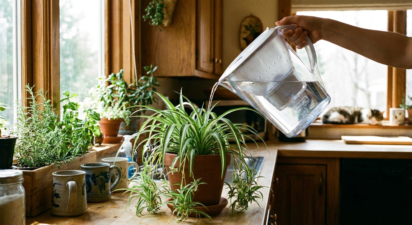 A hand watering a potted spider plant using a clear filtered water pitcher in a bright kitchen