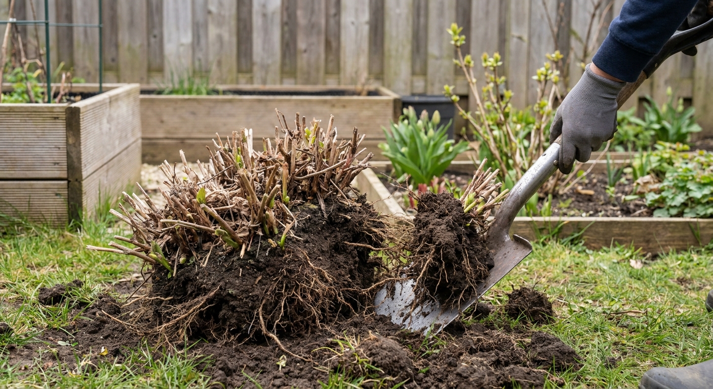 A hardy chrysanthemum clump lifted from the soil and being split with a spade in a backyard garden in spring