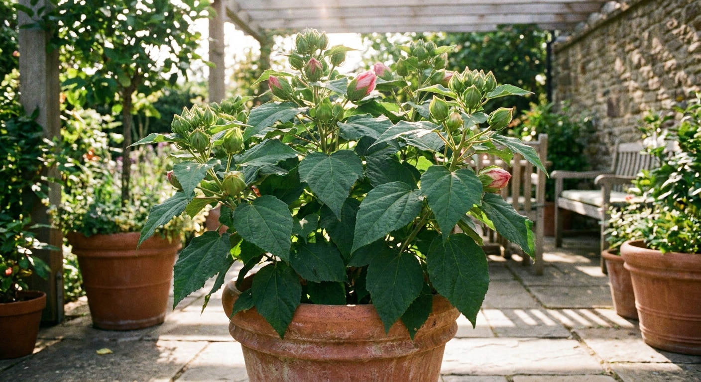 A hardy hibiscus growing in a large outdoor container on a sunny patio, with thick green leaves and developing flower buds