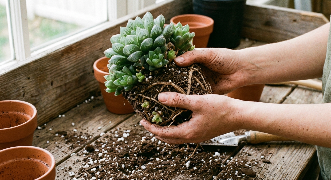 A haworthia plant with several offsets exposed at the base during repotting, hands gently holding the cluster over a wooden table, realistic close-up photography