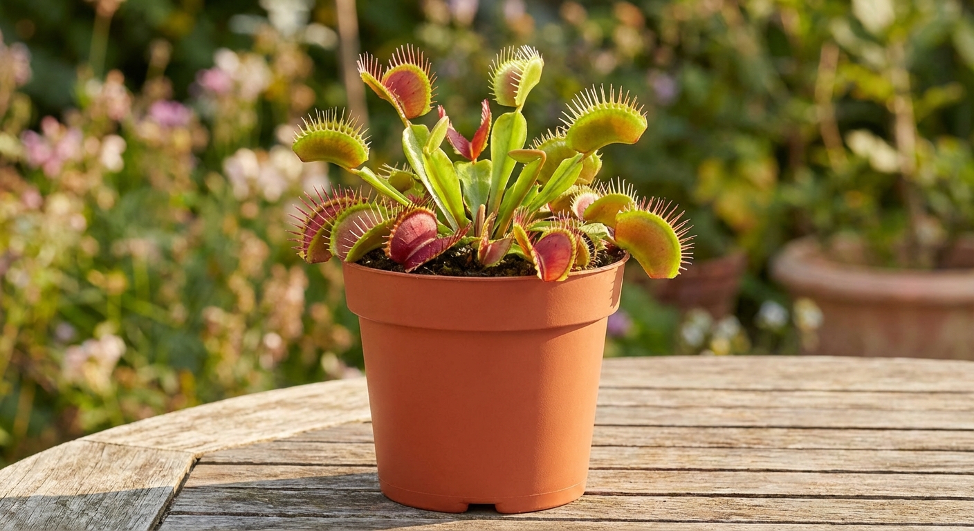 A healthy Venus flytrap in a simple plastic pot sitting outdoors in bright sunlight, with several open red-tinged traps and fresh green leaves, natural garden background softly blurred, photorealistic