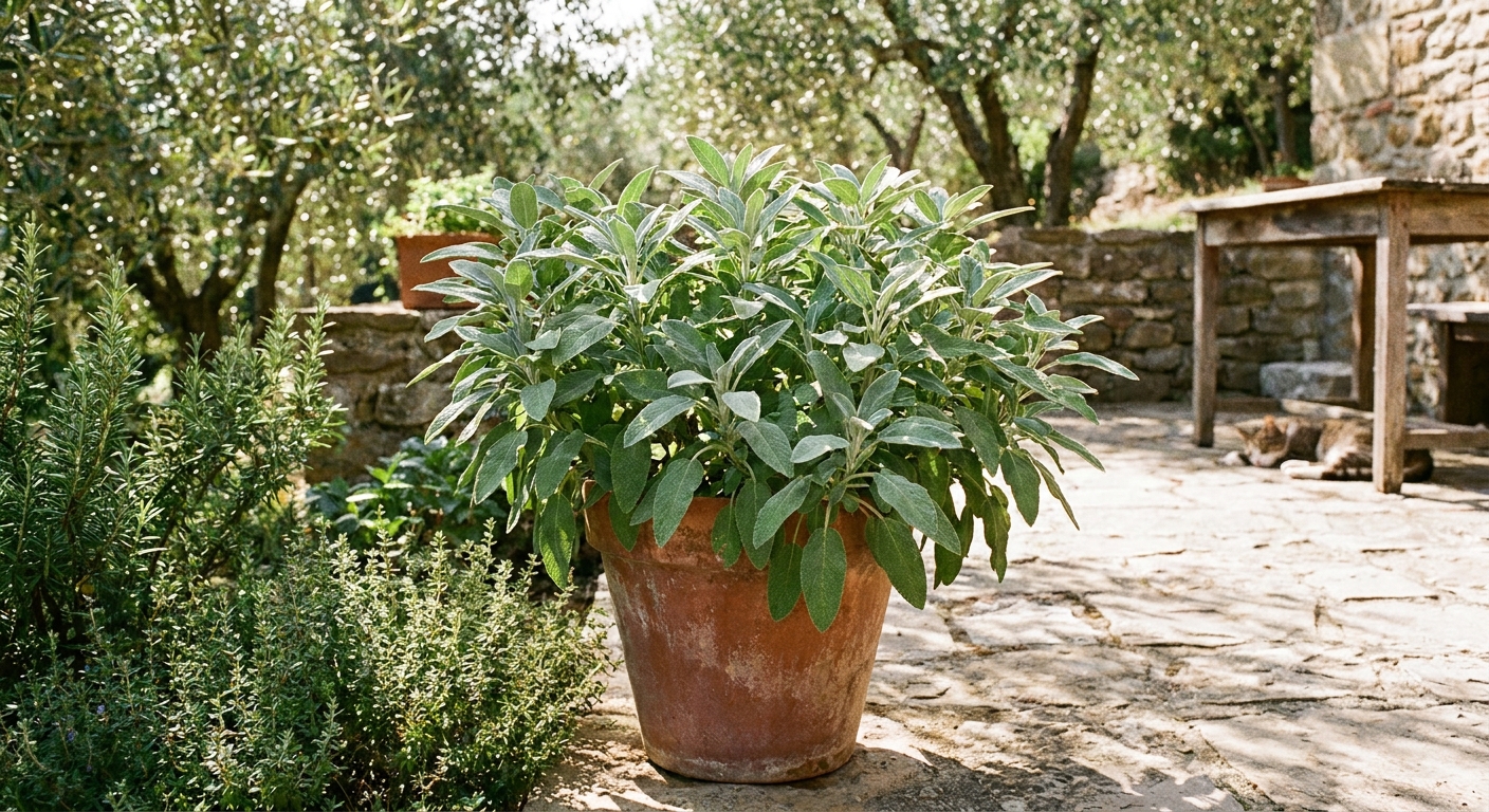 A healthy culinary sage plant with silvery green leaves growing in a terracotta pot on a sunny patio, real photograph