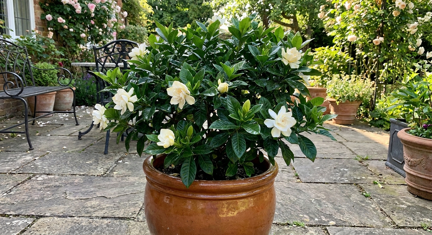 A healthy gardenia shrub growing in a large ceramic container on an outdoor patio, with glossy leaves and a few white blooms, real-life garden photo