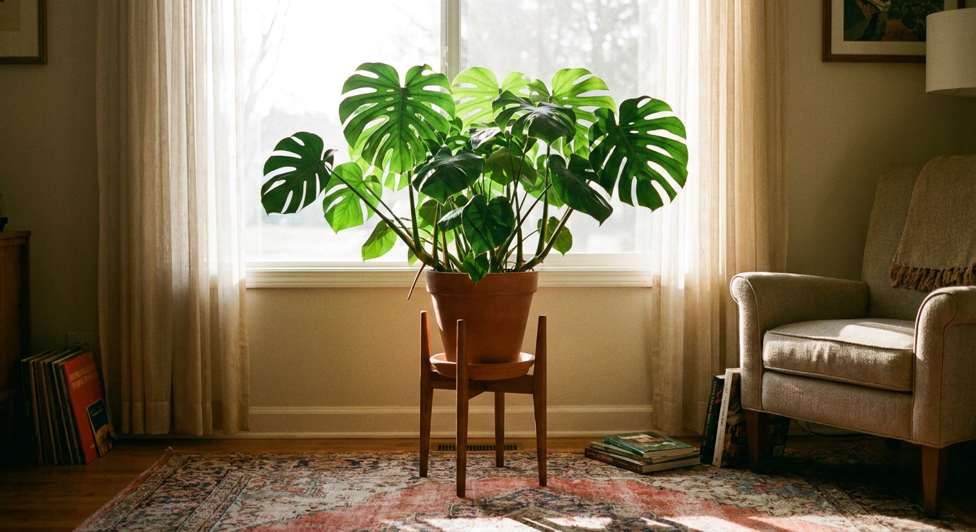 A healthy leafy houseplant on a wooden plant stand positioned a few feet from a bright window in a cozy room, real photography style