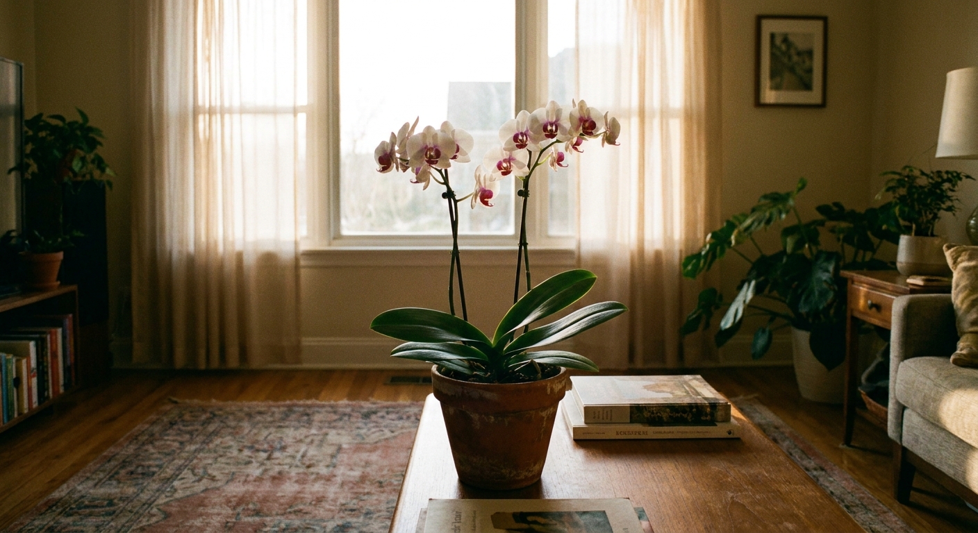 A healthy-looking orchid pot placed a few feet back from an east-facing window with soft morning light, realistic indoor photo