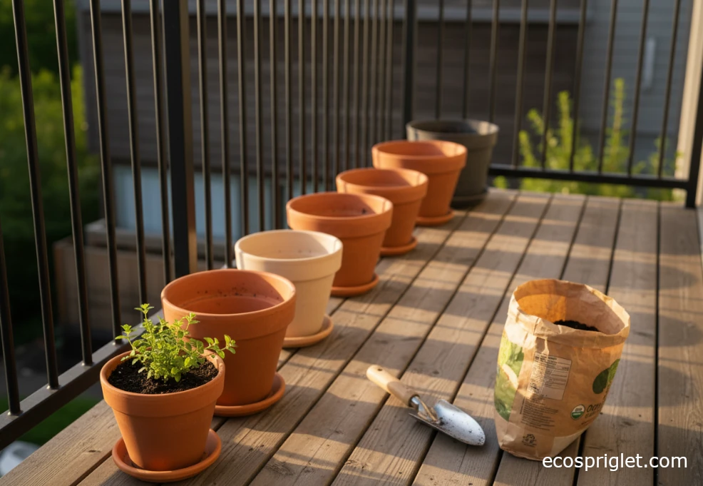 A healthy oregano plant with dense green leaves growing in a terracotta pot on a sunny balcony, natural home gardening photo