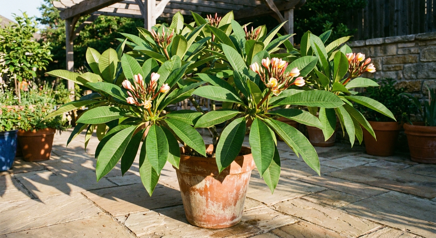 A healthy plumeria (frangipani) in a terracotta container on a sunny patio, with green leaves and developing flower buds, realistic garden photography style