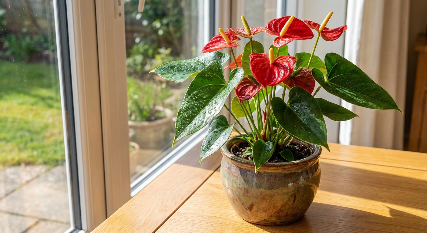 A healthy red anthurium houseplant in a ceramic pot on a bright indoor table near a window, glossy leaves and blooms in focus, photorealistic