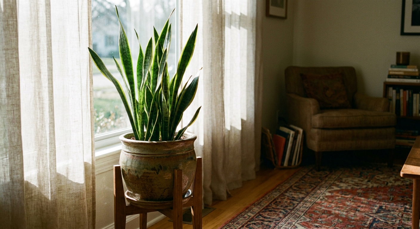 A healthy snake plant in a ceramic pot sitting a few feet back from a bright window with filtered daylight