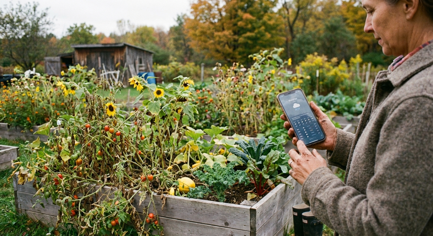 A home gardener holding a smartphone with a weather app open while standing beside a raised garden bed in autumn, with fading summer plants in the background