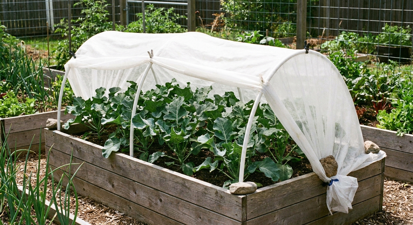 A home vegetable garden bed with broccoli plants covered by a lightweight white floating row cover supported by hoops, real photo