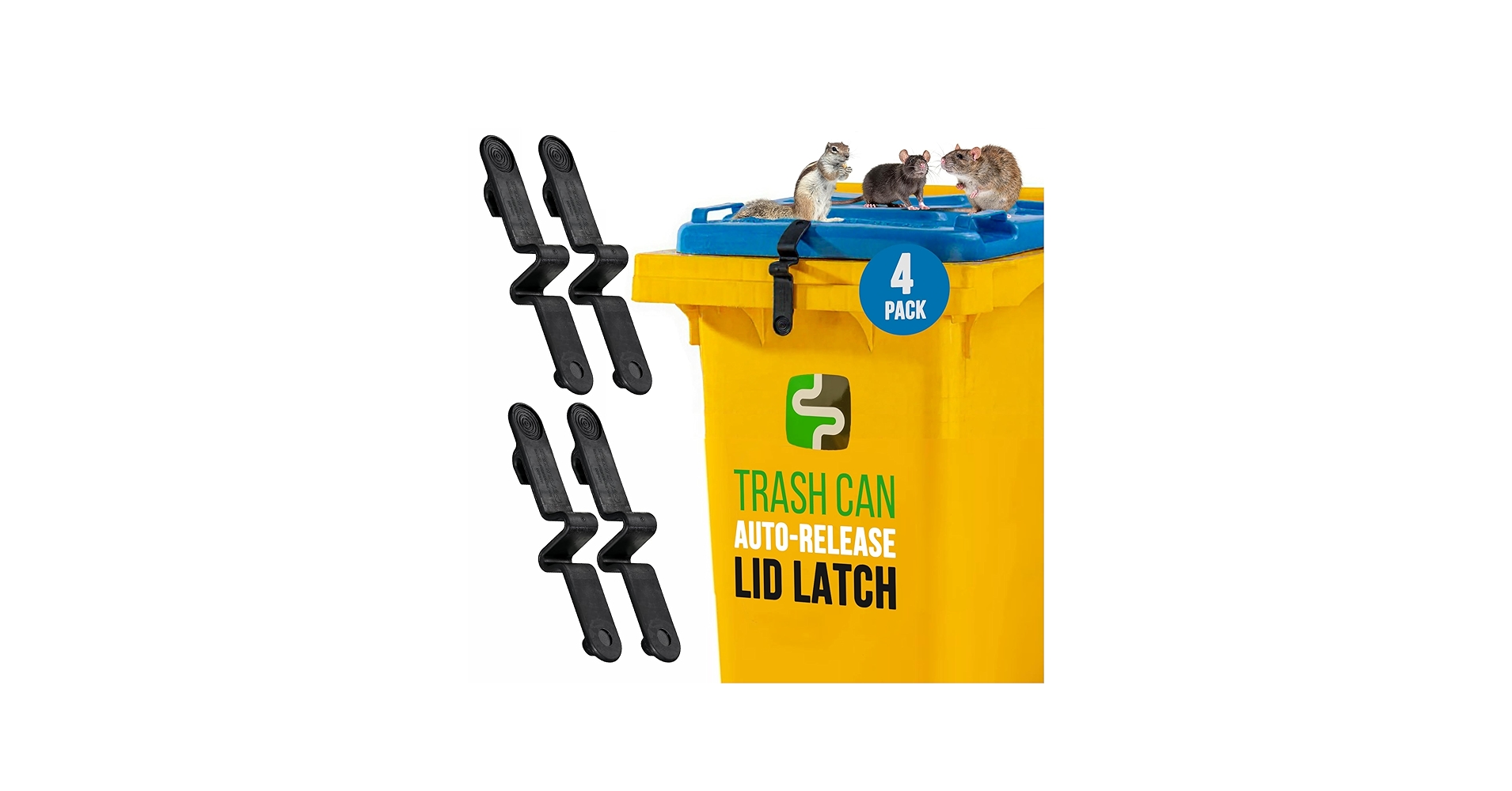 A homeowner fastening a secure latch on an outdoor trash can next to a garage at daytime, realistic household photograph