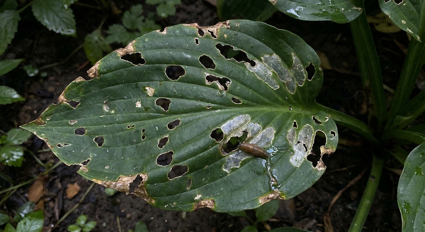 A hosta leaf with irregular holes, ragged edges, and scraped areas typical of slug feeding