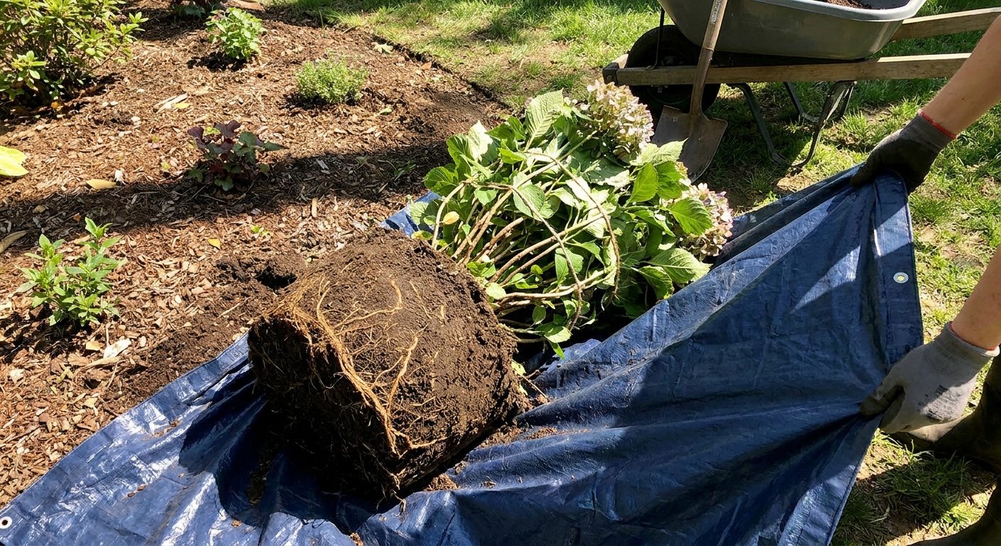 A hydrangea root ball resting on a tarp being pulled across a garden bed, with branches tied loosely for protection