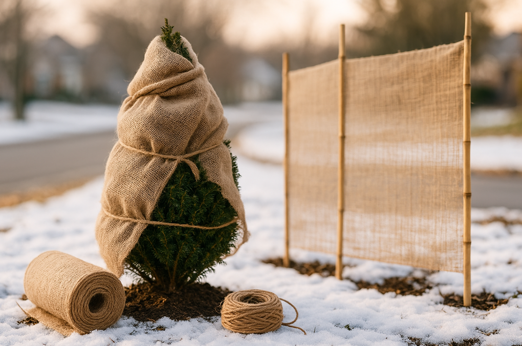 A hydrangea shrub protected by a burlap windbreak attached to wooden stakes in a snowy garden, natural outdoor photo