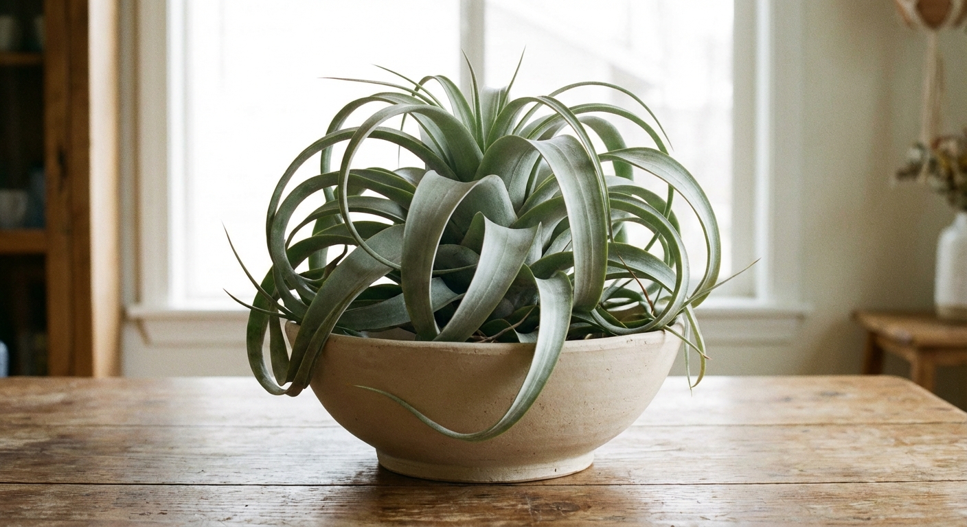 A large Tillandsia xerographica air plant with wide curling silver-green leaves sitting on a simple ceramic bowl in bright indirect light, photorealistic
