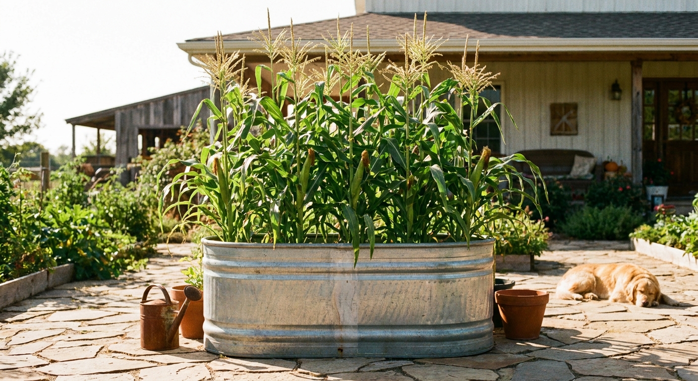 A large metal stock tank on a sunny patio filled with tall sweet corn plants, real photographic scene