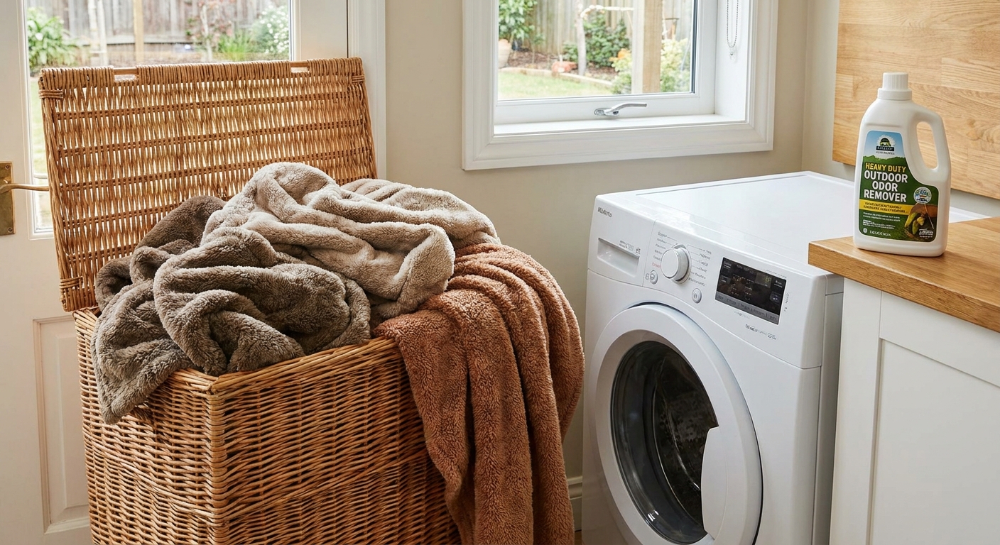 A laundry basket filled with washable blankets next to a washing machine in a bright utility room, preparing to remove strong outdoor odors