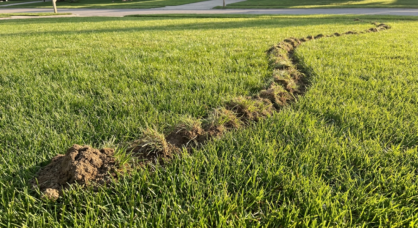 A lawn surface with a visible raised ridge running across the grass, creating a lifted tunnel line typical of a mole runway