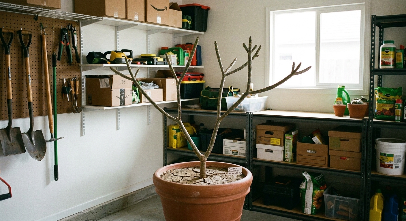 A leafless plumeria in a pot stored in a tidy garage corner for winter, with dry soil surface and no frost, realistic indoor photo