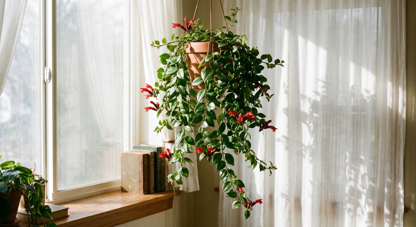 A lipstick plant trailing from a simple hanging pot near a bright window with sheer curtains, natural indoor light and soft shadows