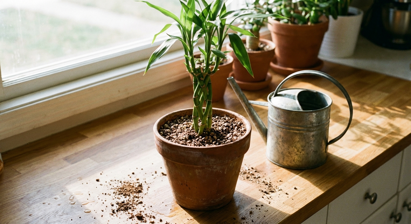 A lucky bamboo plant growing in a small terracotta pot with well-draining soil on an indoor countertop, with a watering can nearby and soft morning light