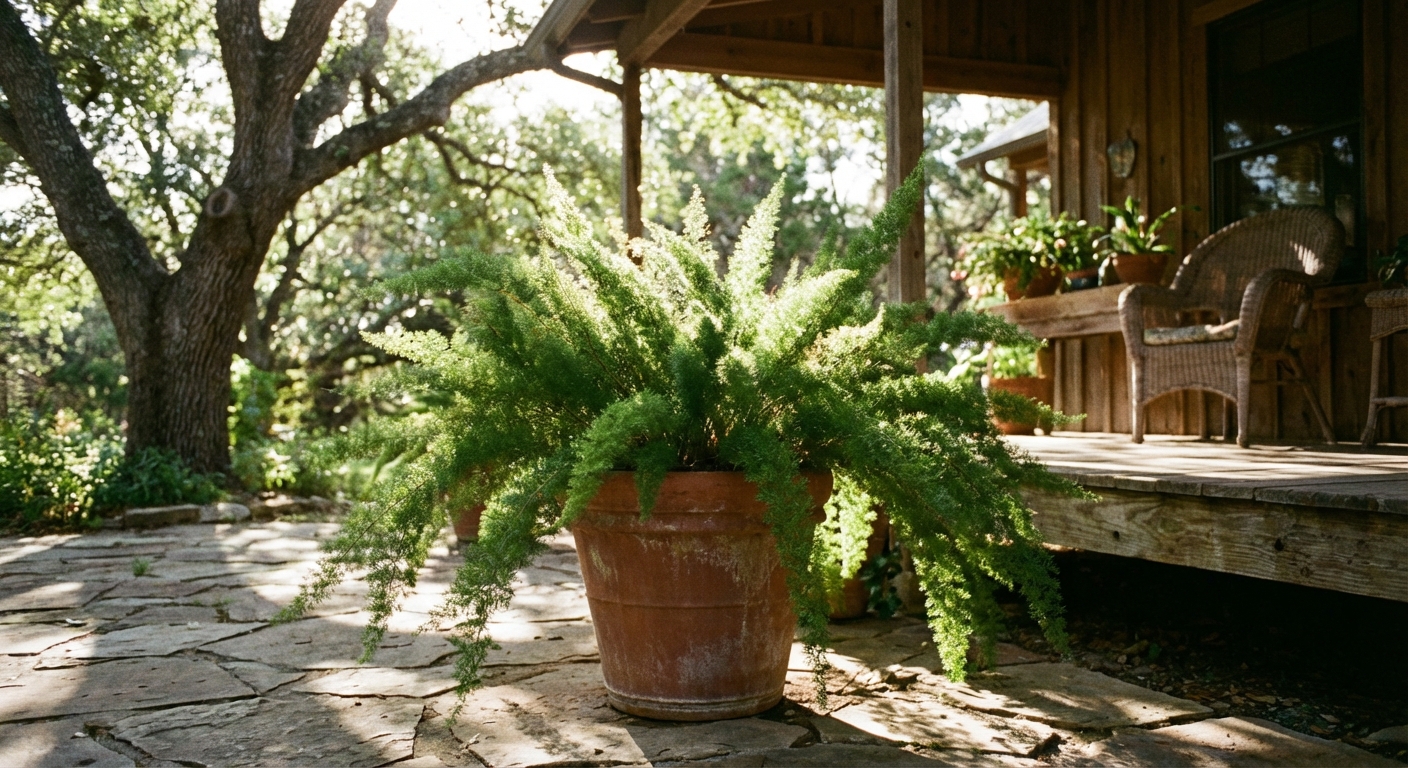 A lush asparagus fern growing in a patio container under partial shade near a porch, with dappled light on the fronds