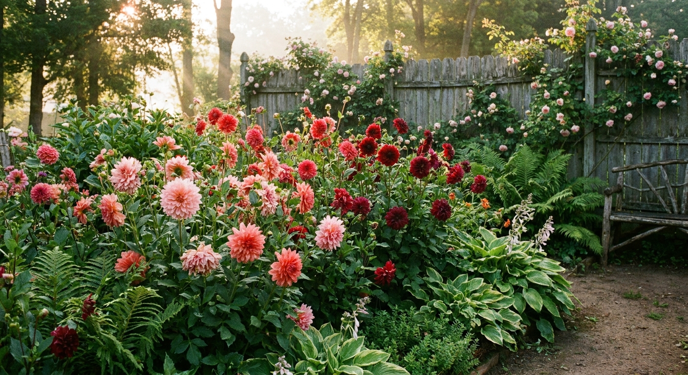 A lush garden bed filled with blooming dahlias in pink and red hues in soft morning light, with green foliage and a wooden fence in the background, realistic photo