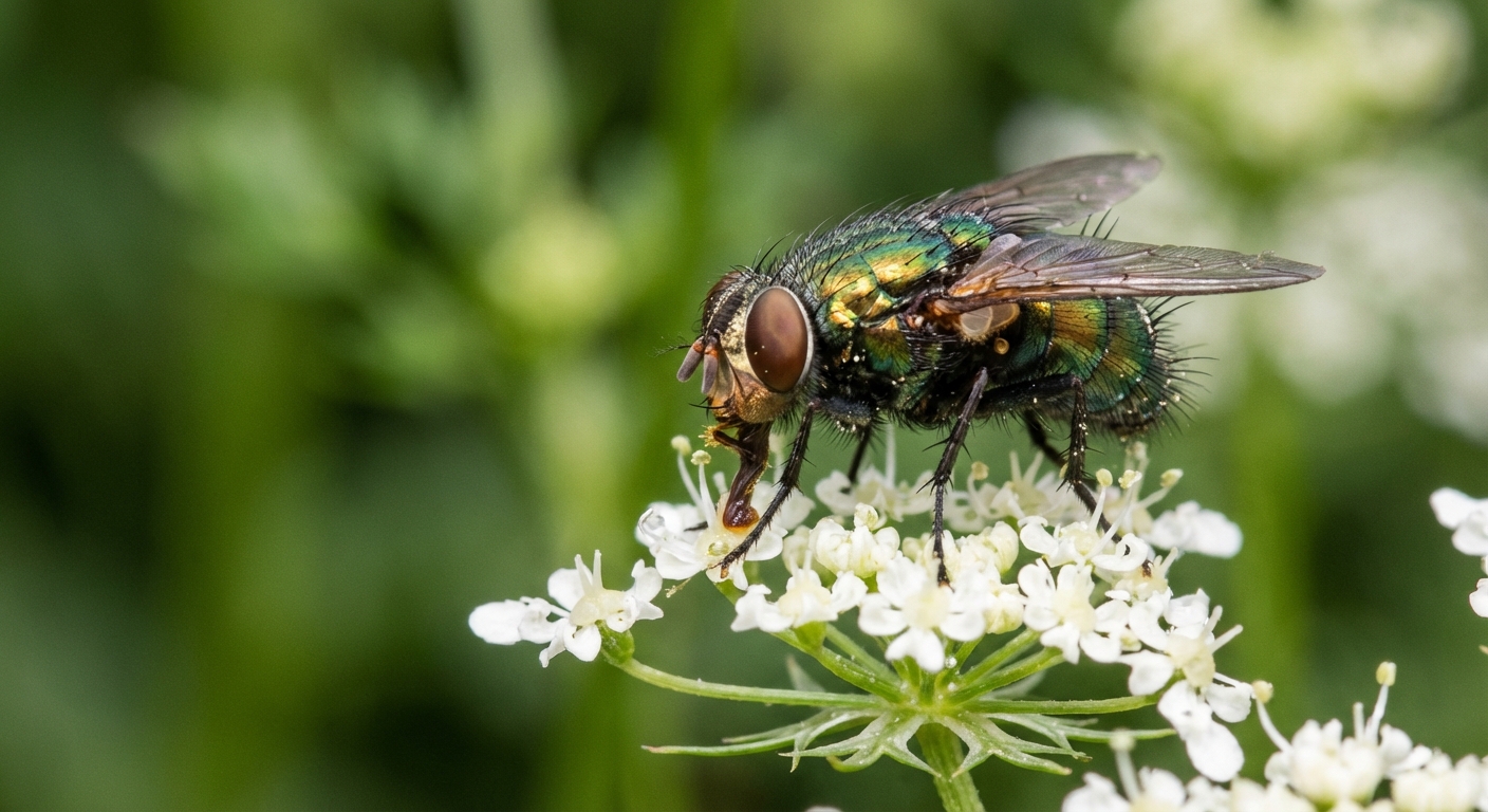 A macro photo of a tachinid fly feeding on nectar on a small white umbel flower in a garden, with a soft blurred green background