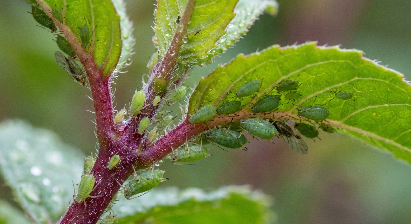A macro-style close-up photo of small green aphids clustered on a tender fuchsia stem near fresh leaves