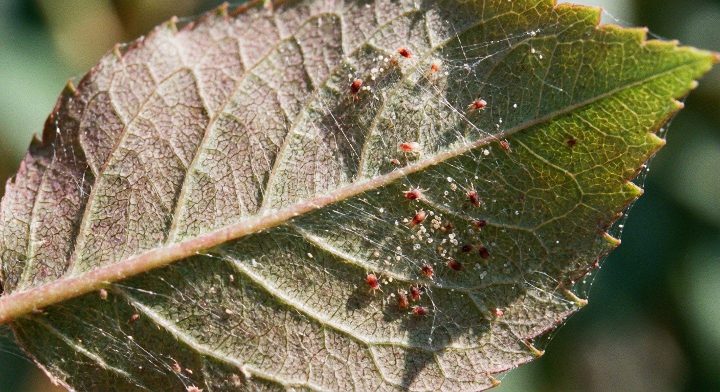 A macro-style close-up photograph of the underside of a rose leaf with fine webbing and tiny spider mites visible in natural light
