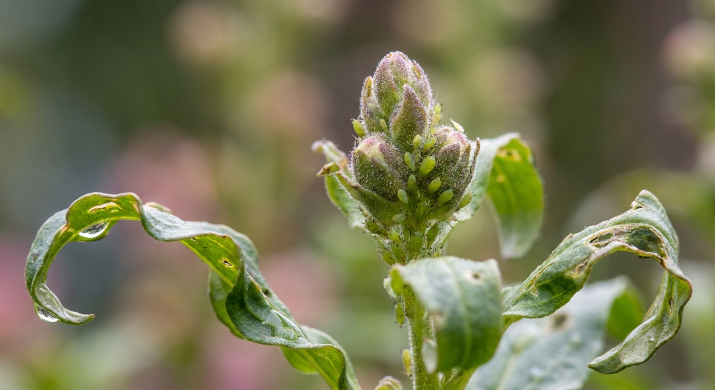A macro-style photo of green aphids clustered on a snapdragon flower bud with a few curled leaves nearby