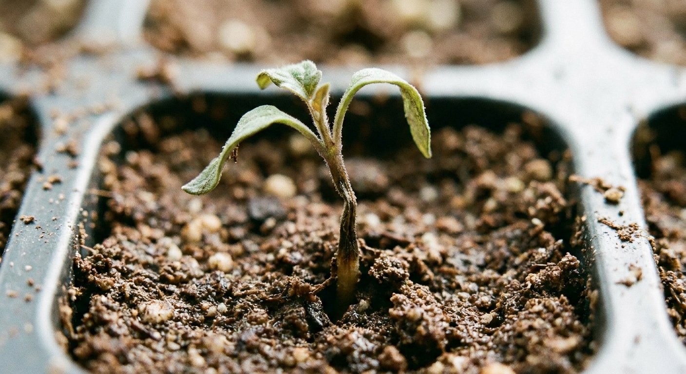A macro-style real photograph of a single seedling with a visibly pinched, darkened stem right at the soil line in a seed-starting cell