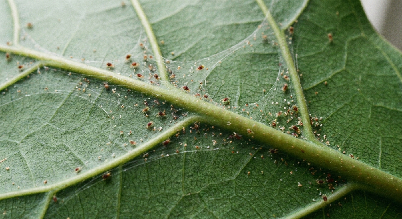 A macro-style real photograph of the underside of a fiddle leaf fig leaf showing fine webbing and tiny spider mites near the veins