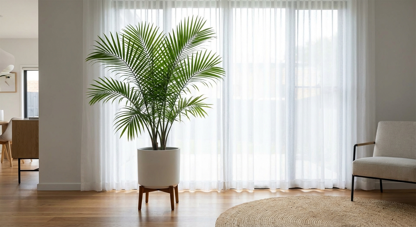 A majesty palm positioned a few feet from a large window with sheer curtains, fronds lit by bright indirect light, clean modern home interior, photorealistic
